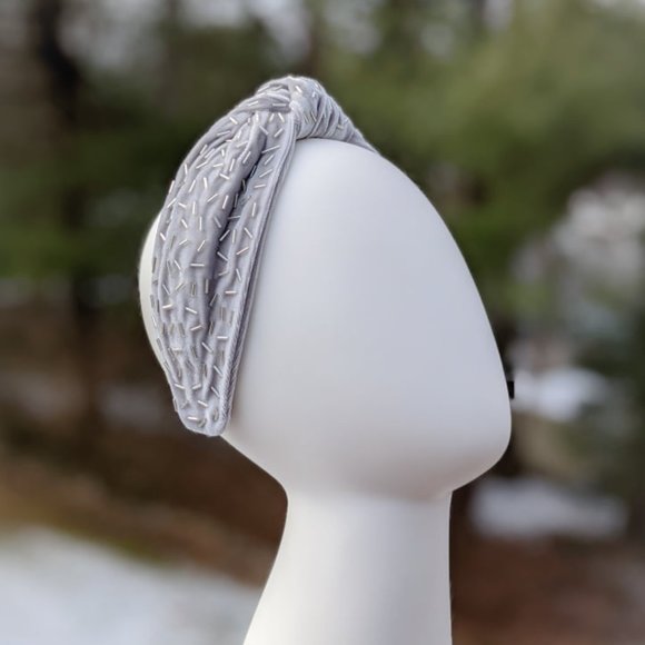 Silver Confetti Knot Velvet Headband Bugle Beads Handmade Knotted Turban Party main image 5